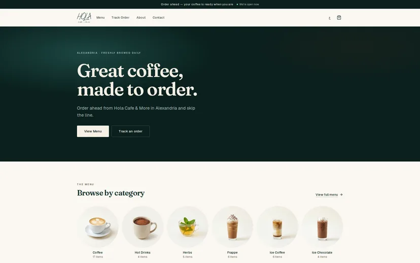 Hola Cafe & More — order-ahead homepage, desktop